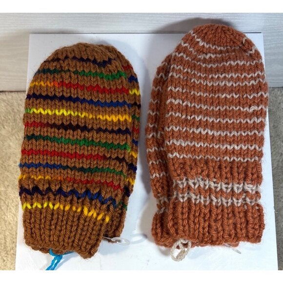 Hand Knitted Mittens Kids Striped & Multicolor Brown 7.5" Long 2 Pairs Winter - Picture 2 of 5